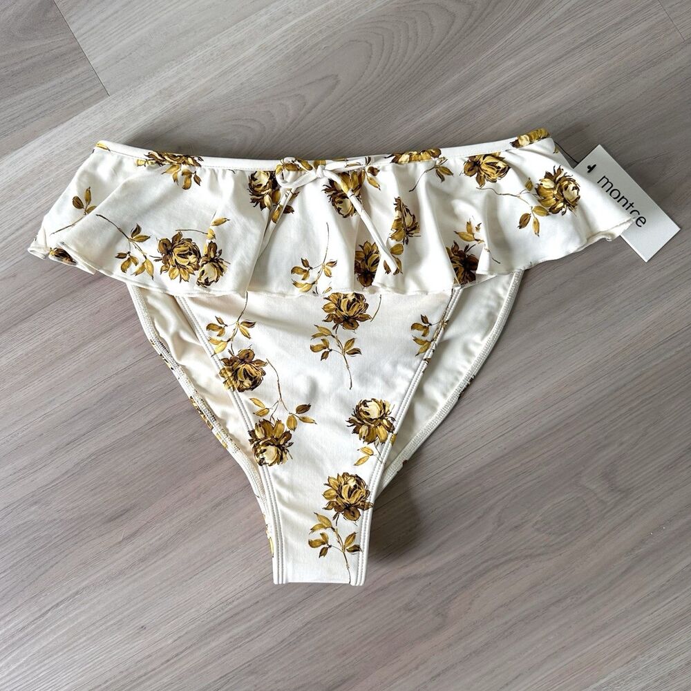 NEW Montce Swim Tamarindo Ruffle Bikini Bottom White Yellow Floral XL